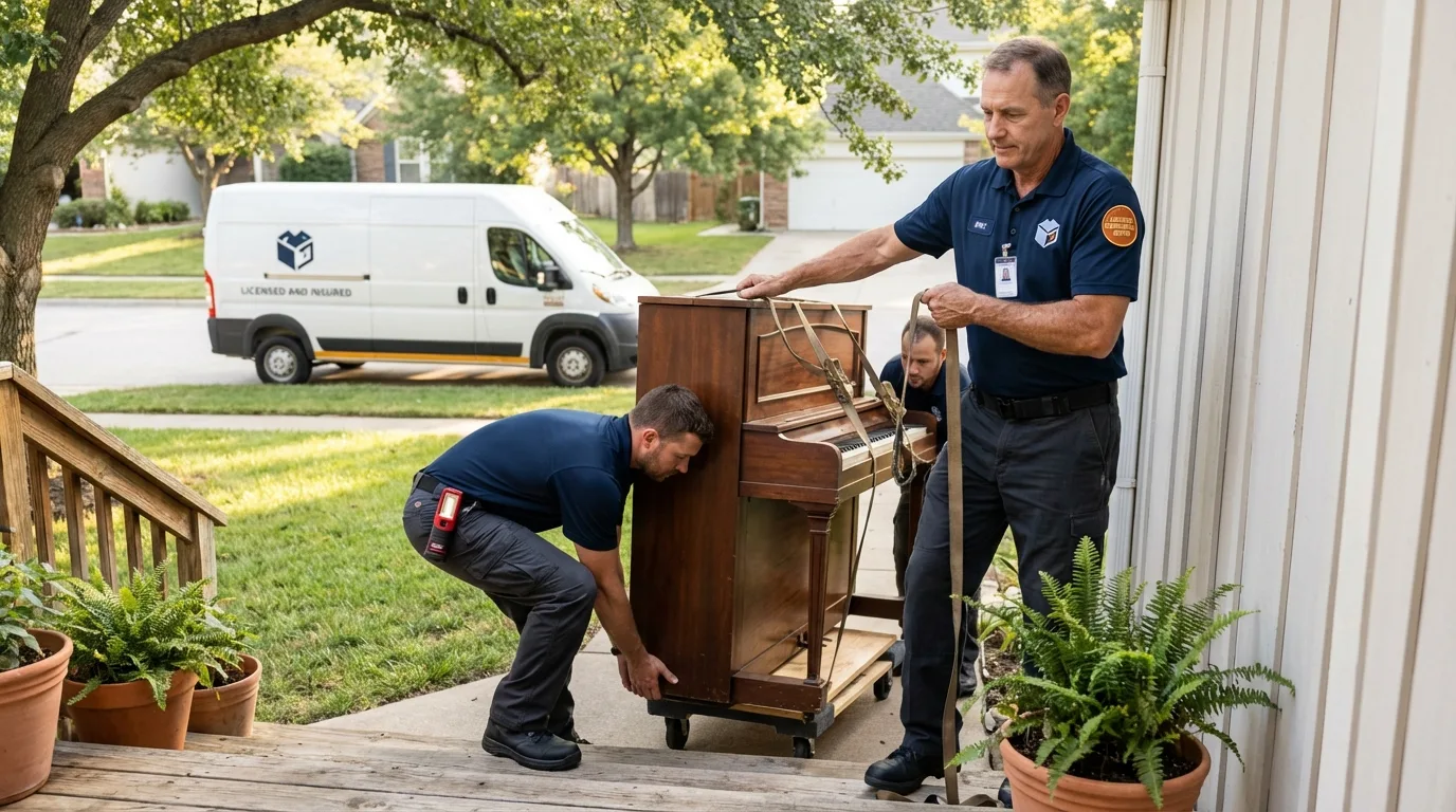 Licensed piano movers securing grand piano in Rancho Santa Margarita, CA