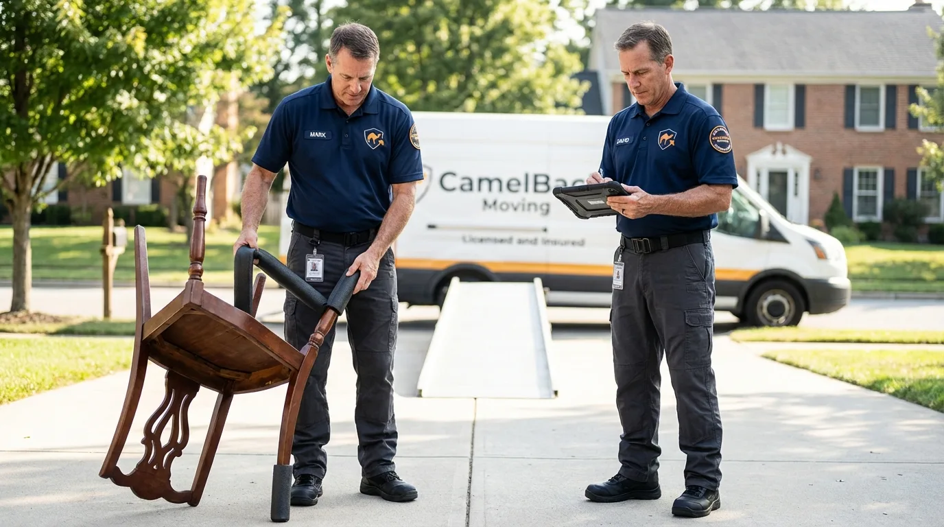 Movers inspecting furniture for damage prevention before loading in Rancho Santa Margarita, CA