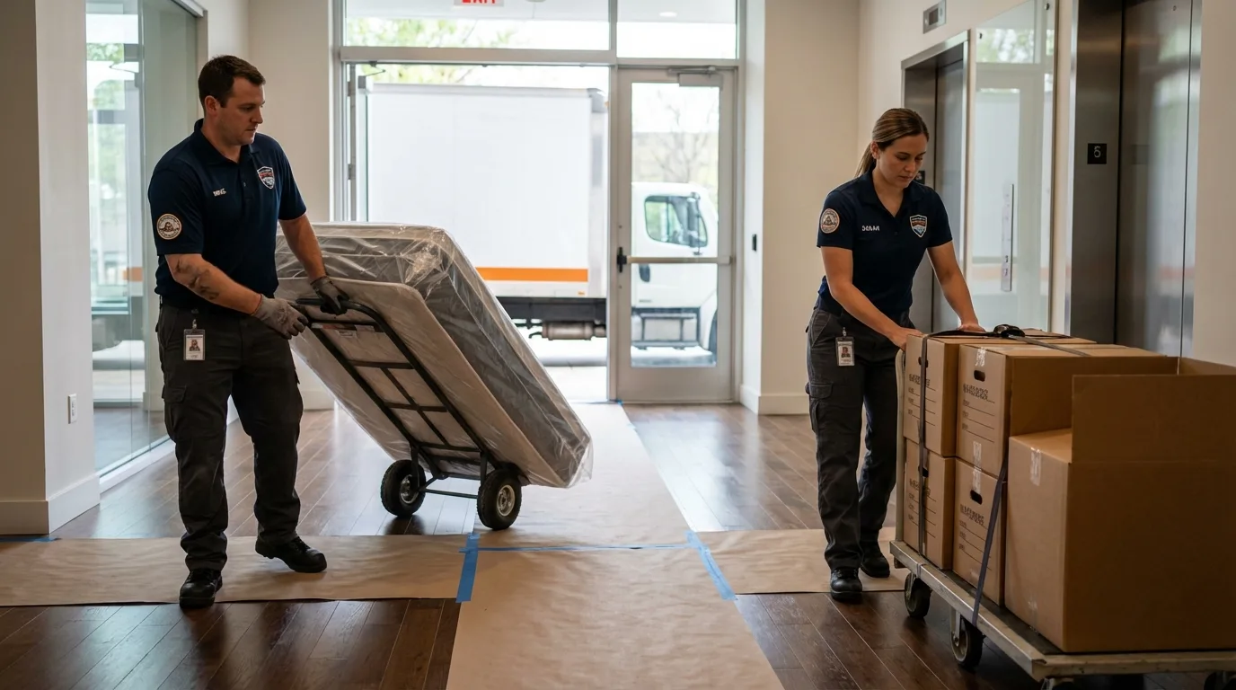 Professional apartment movers loading elevator in Rancho Santa Margarita, CA