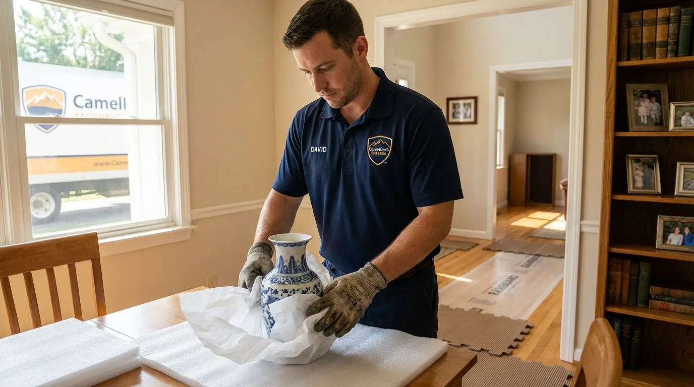 Professional crew carefully wrapping antique vase for senior downsizing move in Rancho Santa Margarita, CA